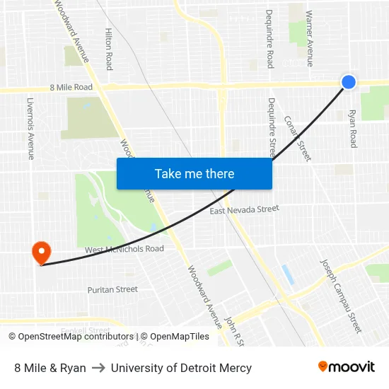 8 Mile & Ryan to University of Detroit Mercy map