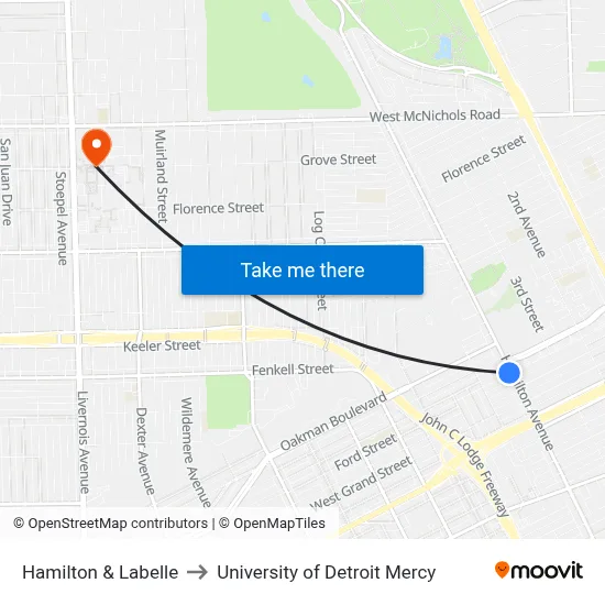 Hamilton & Labelle to University of Detroit Mercy map