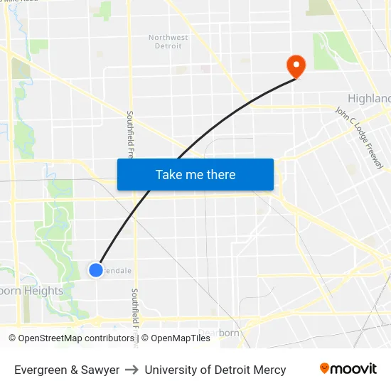 Evergreen & Sawyer to University of Detroit Mercy map