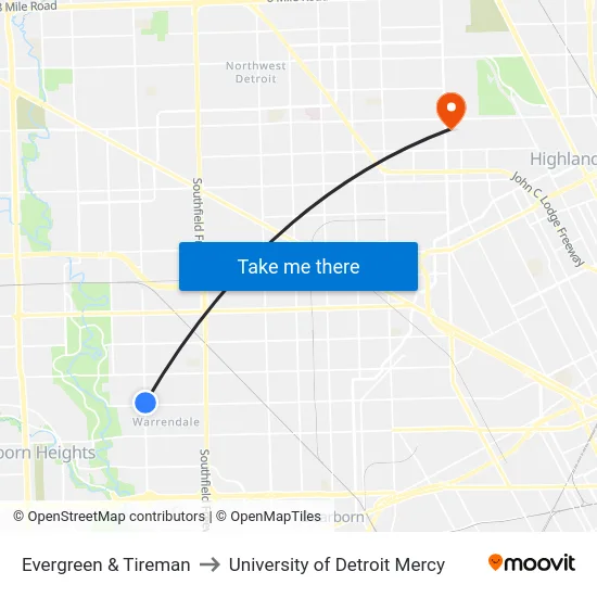 Evergreen & Tireman to University of Detroit Mercy map