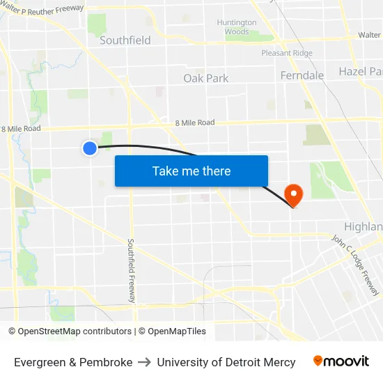 Evergreen & Pembroke to University of Detroit Mercy map