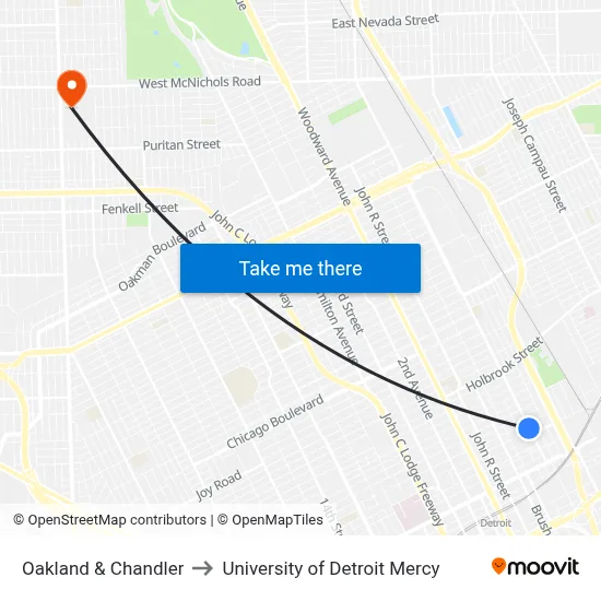 Oakland & Chandler to University of Detroit Mercy map
