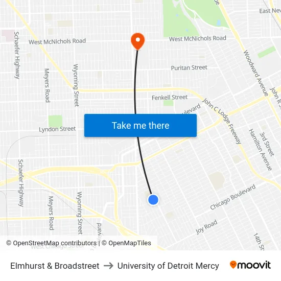 Elmhurst & Broadstreet to University of Detroit Mercy map