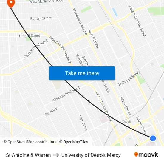 St Antoine & Warren to University of Detroit Mercy map