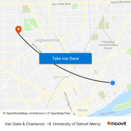 Van Dyke & Charlevoix to University of Detroit Mercy map