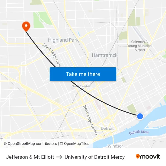 Jefferson & Mt Elliott to University of Detroit Mercy map