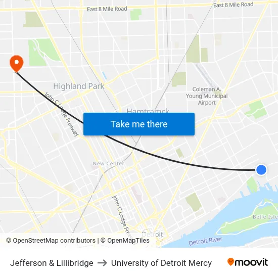 Jefferson & Lillibridge to University of Detroit Mercy map