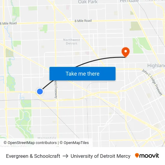 Evergreen & Schoolcraft to University of Detroit Mercy map