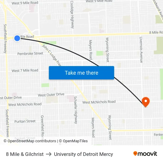 8 Mile & Gilchrist to University of Detroit Mercy map