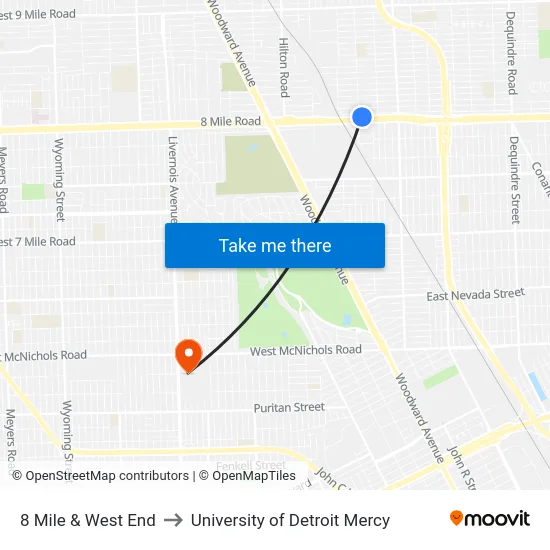 8 Mile & West End to University of Detroit Mercy map