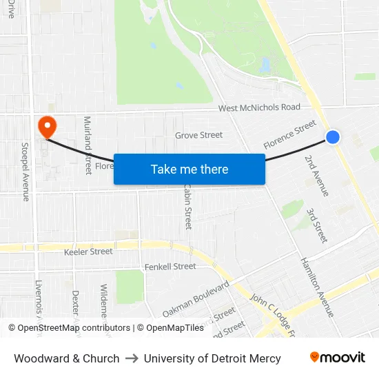 Woodward & Church to University of Detroit Mercy map