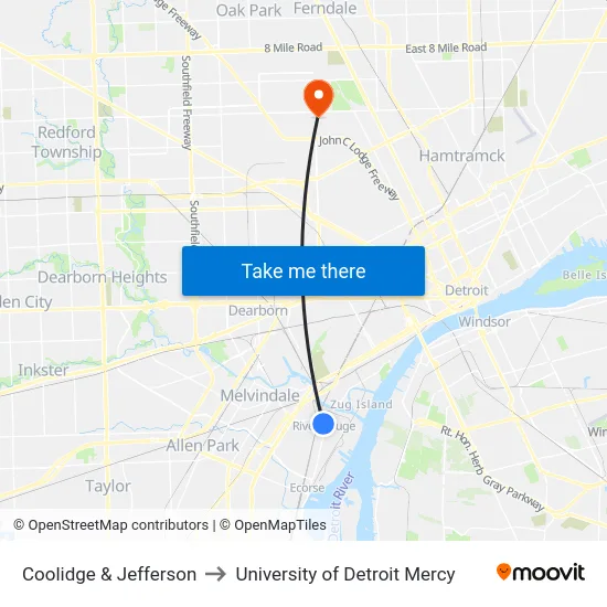 Coolidge & Jefferson to University of Detroit Mercy map