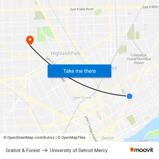 Gratiot & Forest to University of Detroit Mercy map