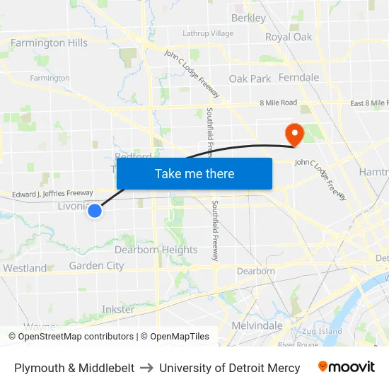 Plymouth & Middlebelt to University of Detroit Mercy map