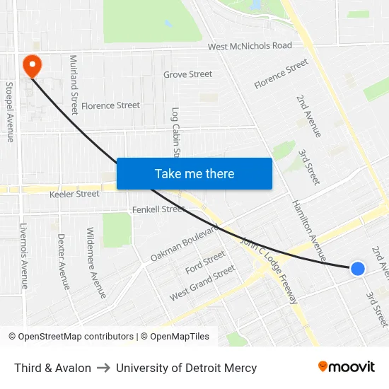 Third & Avalon to University of Detroit Mercy map
