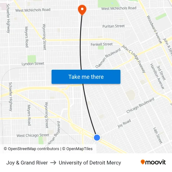 Joy & Grand River to University of Detroit Mercy map