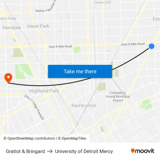 Gratiot & Bringard to University of Detroit Mercy map