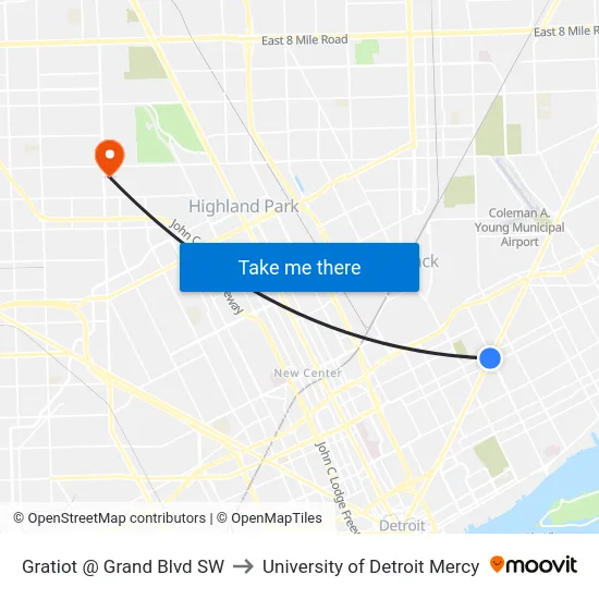 Gratiot @ Grand Blvd SW to University of Detroit Mercy map