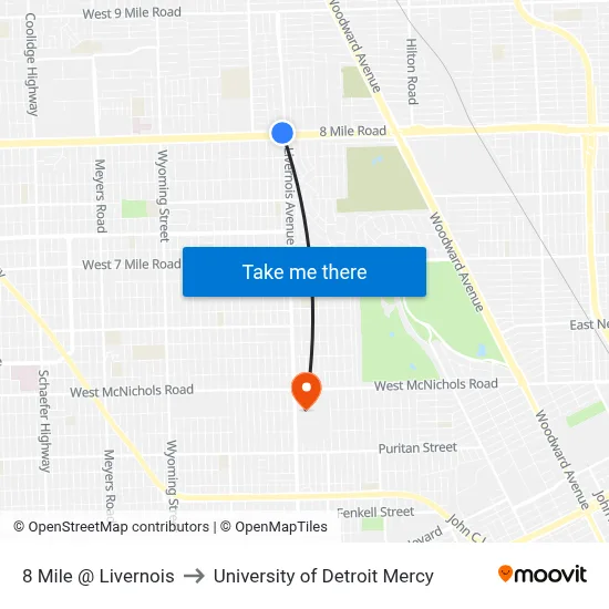 8 Mile @ Livernois to University of Detroit Mercy map