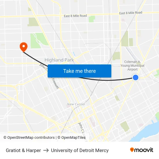 Gratiot & Harper to University of Detroit Mercy map