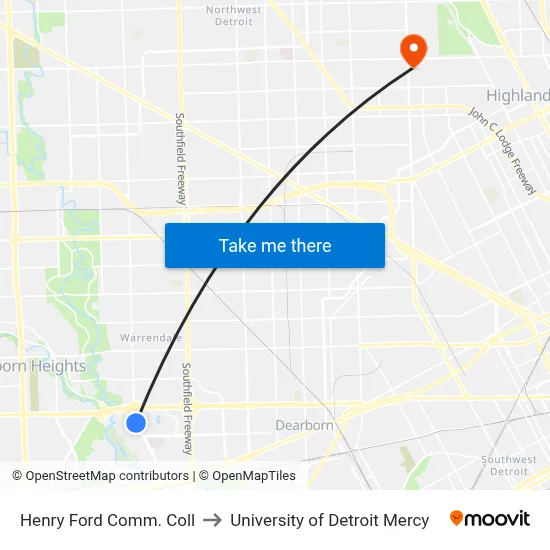 Henry Ford Comm. Coll to University of Detroit Mercy map