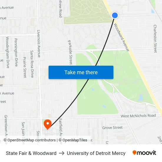 State Fair & Woodward to University of Detroit Mercy map