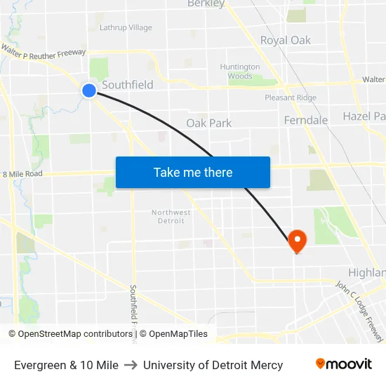 Evergreen & 10 Mile to University of Detroit Mercy map