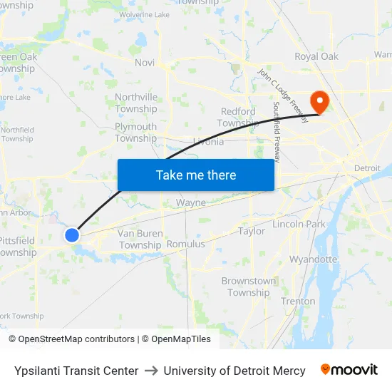 Ypsilanti Transit Center to University of Detroit Mercy map