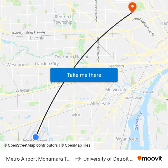 Metro Airport Mcnamara Terminal to University of Detroit Mercy map