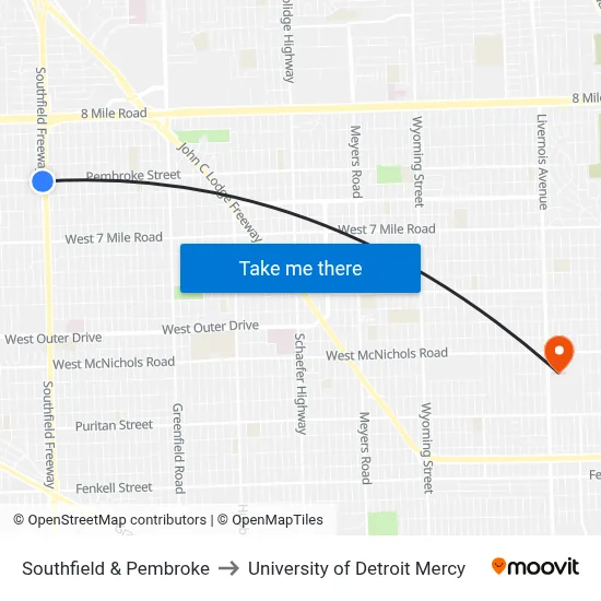 Southfield & Pembroke to University of Detroit Mercy map