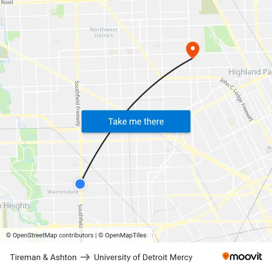 Tireman & Ashton to University of Detroit Mercy map