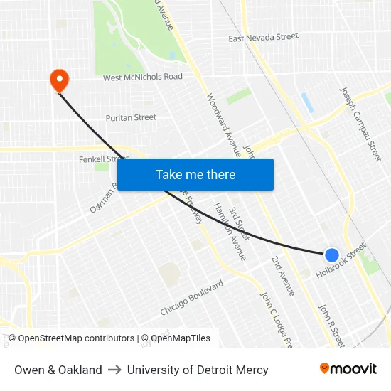 Owen & Oakland to University of Detroit Mercy map