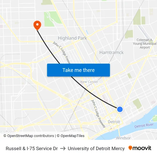 Russell & I-75 Service Dr to University of Detroit Mercy map