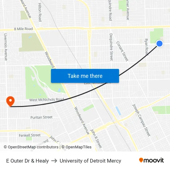 E Outer Dr & Healy to University of Detroit Mercy map