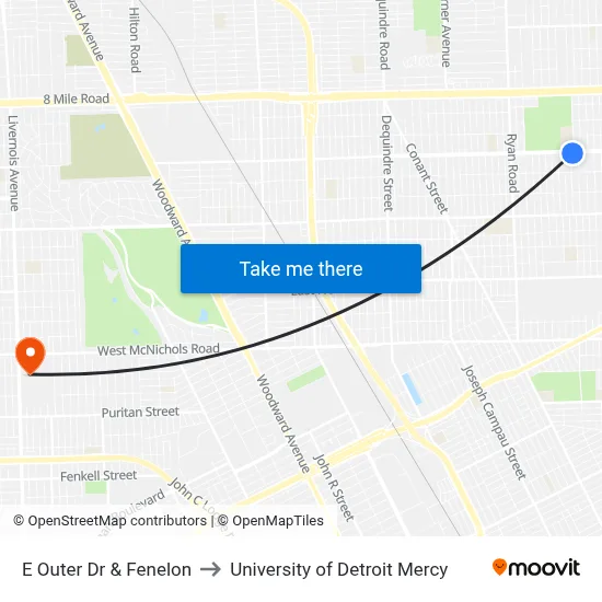 E Outer Dr & Fenelon to University of Detroit Mercy map