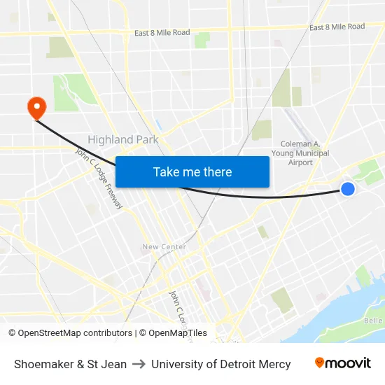 Shoemaker & St Jean to University of Detroit Mercy map