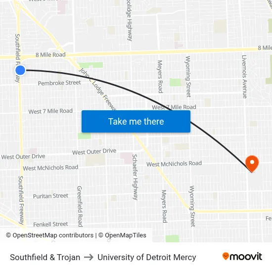 Southfield & Trojan to University of Detroit Mercy map