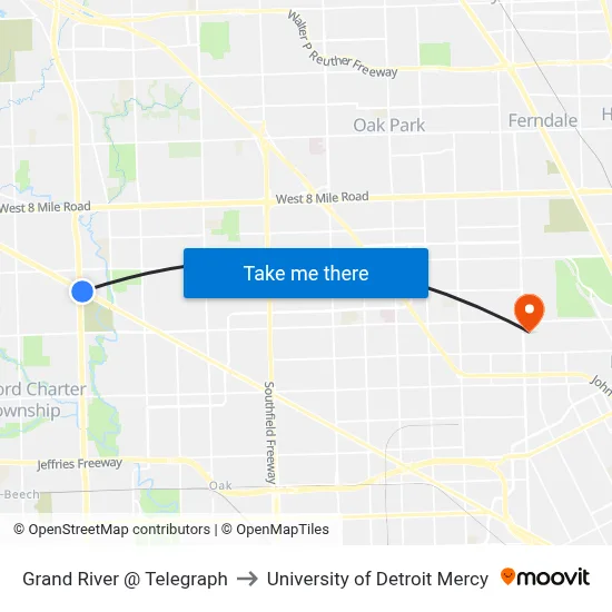 Grand River @ Telegraph to University of Detroit Mercy map