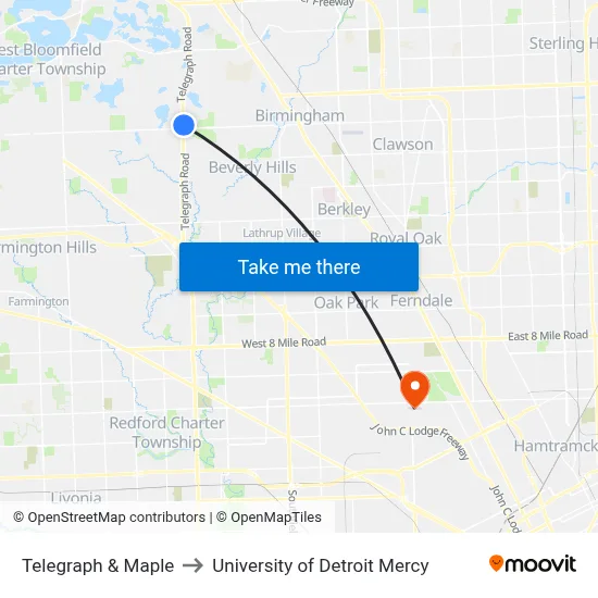 Telegraph & Maple to University of Detroit Mercy map
