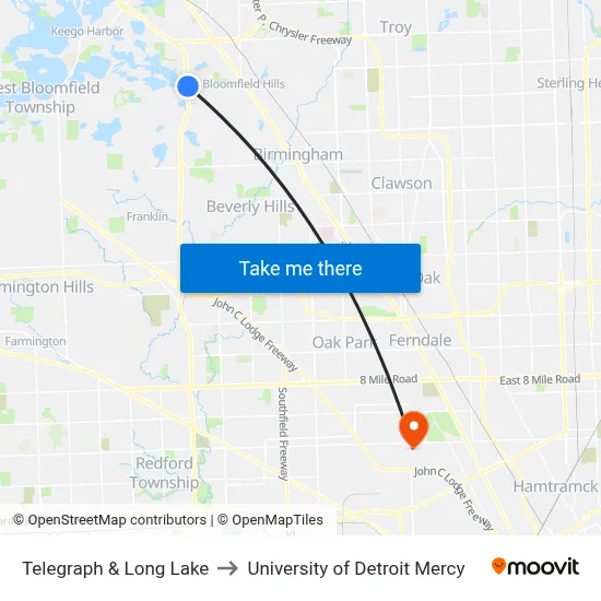 Telegraph & Long Lake to University of Detroit Mercy map