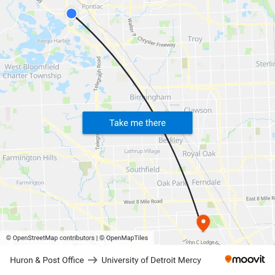 Huron & Post Office to University of Detroit Mercy map