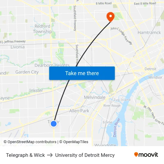 Telegraph & Wick to University of Detroit Mercy map