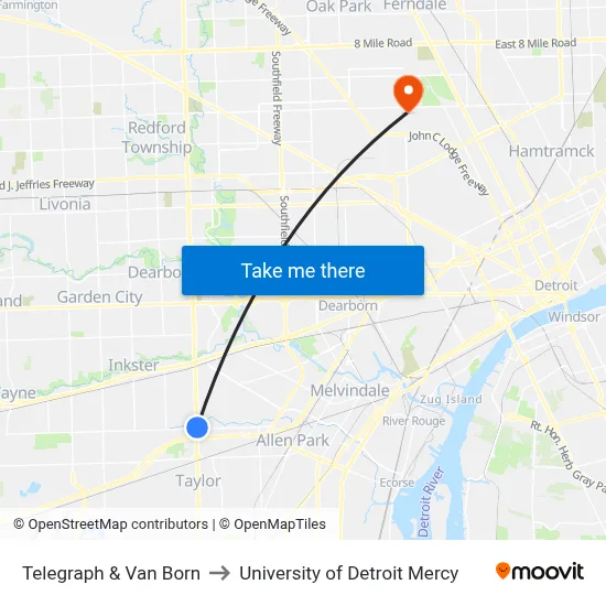 Telegraph & Van Born to University of Detroit Mercy map