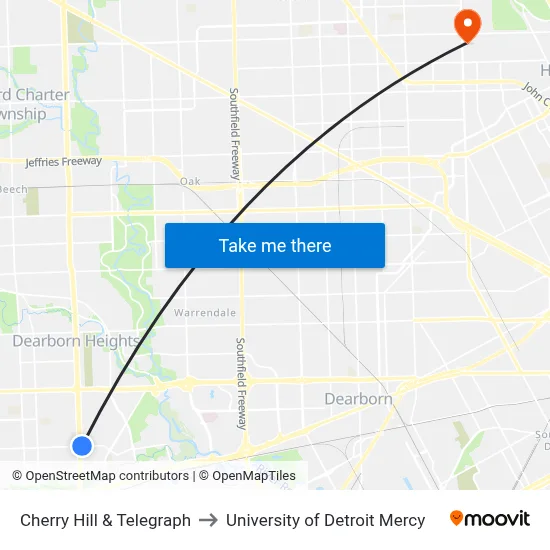 Cherry Hill & Telegraph to University of Detroit Mercy map