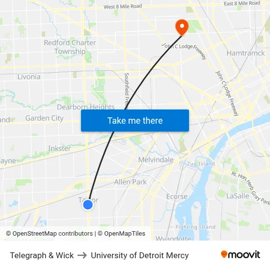 Telegraph & Wick to University of Detroit Mercy map