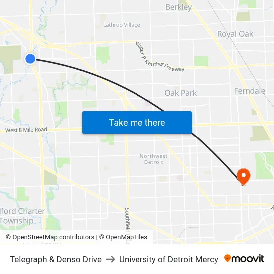 Telegraph & Denso Drive to University of Detroit Mercy map