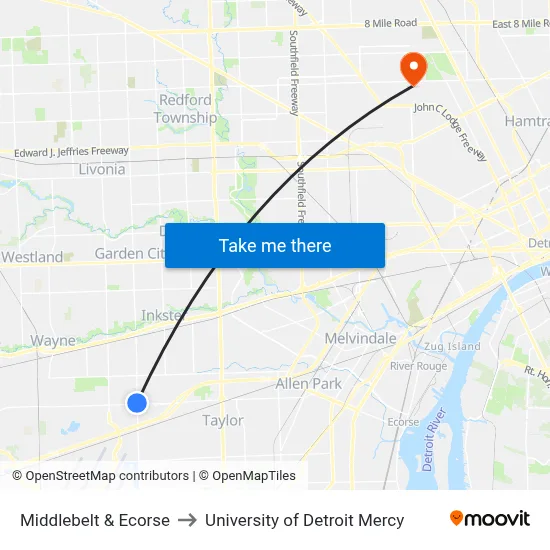 Middlebelt & Ecorse to University of Detroit Mercy map