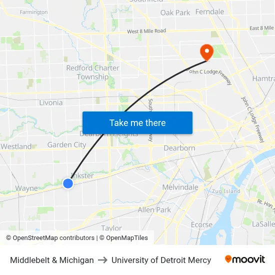 Middlebelt & Michigan to University of Detroit Mercy map