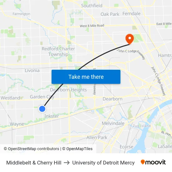 Middlebelt & Cherry Hill to University of Detroit Mercy map