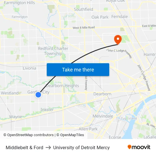 Middlebelt & Ford to University of Detroit Mercy map